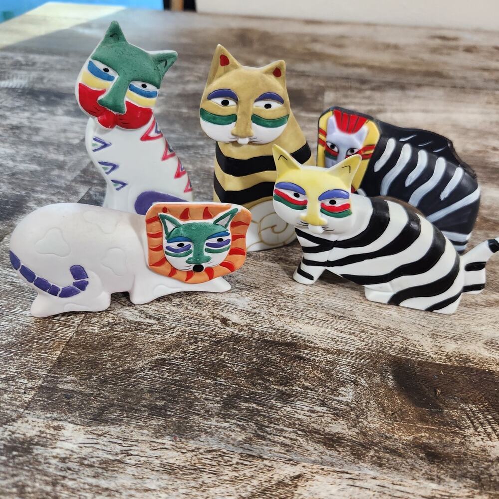 Set of 6 Laurel Burch Style Colorful Cat Figurines Whimsical Folk Art Decor